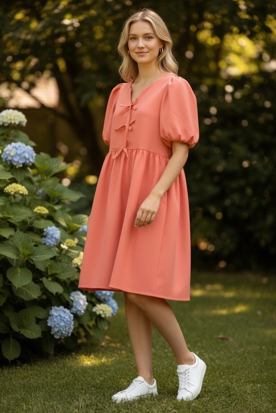 Entro Womens Medium Coral Babydoll Dress Puff Sleeve Bow Front Boutique NWT